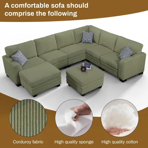 Miniatura 59 de Legend Vansen Sofá Seccional Modular de Gran Tamaño, Sofá en Forma de U de 7 Asientos con Otomana, Sofá de Pana con Asiento Profundo, Sofás Crema