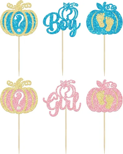 Miniatura 7 de 24 adornos para cupcakes de calabaza para niños o niñas con purpurina para revelación de género, decoración para cupcakes de calabaza, pies