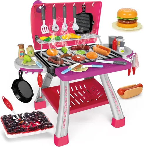 Juguetes de Cocina para Niños, Parrilla de Barbacoa para Niños Juego de Cocina con Humo, Sonido y Luz, Juguetes de Comida Rosa Juego de Cocina,