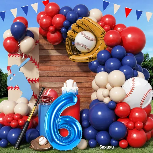 Miniatura 8 de Arco de globos de béisbol con globo azul marino del número 7 de 40 pulgadas, decoraciones de fiesta de 7º cumpleaños para niños con guante