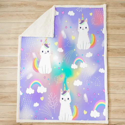 Miniatura 2 de Manfei Manta de unicornio Kitten Kawaii con diseño de gato y unicornio para sofá, nubes arcoíris, estrellas, corazones, manta de cama para niños