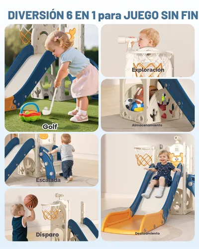 Miniatura 4 de BIERUM Tobogán para niños, juego de 6 en 1 para interiores y exteriores con aro de baloncesto, juego de golf y telescopio, juego de tobogán y Azul