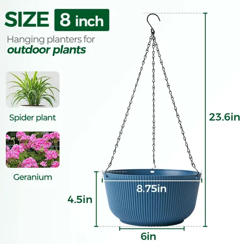 Miniatura 2 de T4U Macetas colgantes de 8 pulgadas para plantas de interior y exterior, juego de 2 macetas auto-regantes con agujero de drenaje, tapón y cadena