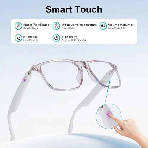 Miniatura 6 de Lentes inteligentes para hombres y mujeres, gafas Bluetooth de oreja abierta con altavoz, lentes que cambian de color de luz azul, control táctil