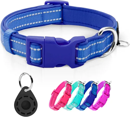 Miniatura 23 de azuza Collar reflectante para perro, de neopreno suave acolchado con anillo para etiqueta de identificación, ajustable para perros pequeños, azul