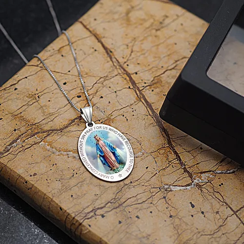 Miniatura 7 de Picturesongoldcom Collar de medalla milagrosa católica con colgante ovalado para mujeres y hombres hecho en oro amarillo o blanco de 10 K14 quilates