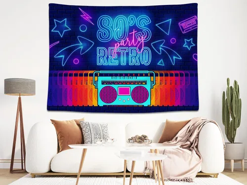 Miniatura 4 de Telón de fondo retro de 5 x 3 pies para fiesta de los años 80 con letras de neón Boombox, cinta de cassette de ladrillo para fiesta temática