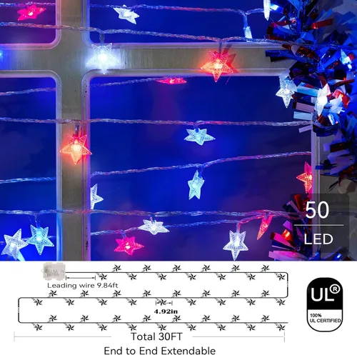 Miniatura 2 de Luces decorativas del 4 de julio, color rojo, blanco y azul, funciona con pilas, 50 LED, cadena patriótica de estrellas de 20 pies, 8 modos
