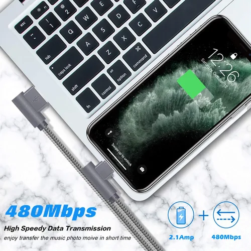 Miniatura 3 de APFEN Paquete de 3 cables de carga para iPhone de 6 pies y 90 grados, 2.4A, cable de carga súper rápida compatible con iPhone Xs