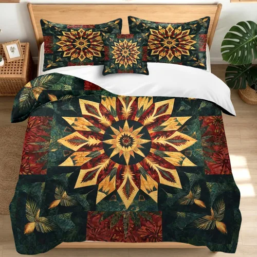 Miniatura 19 de Juego de funda de edredón bohemio de microfibra individual, juego de ropa de cama floral de retazos artesanales, estilo rústico moderno