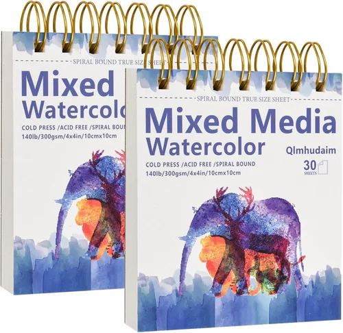 Miniatura 10 de Cuaderno de bocetos de medios mixtos Qlmhudaim 4" x 4" 30 hojas 140 lb/300 g, encuadernado en espiral con línea de desgarro De grado