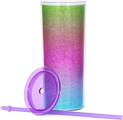 Miniatura 3 de Vaso de acrílico de doble pared con pajilla, diseño de arcoíris y purpurina, 21 oz (morado)