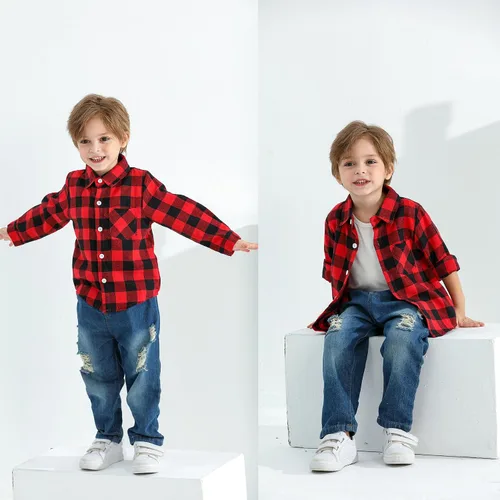 Miniatura 2 de MAMAMI Conjunto de 2 piezas de camisa de franela a cuadros rojos para bebés, niños y niñas, cintura elástica, agujeros rasgados, pantalones