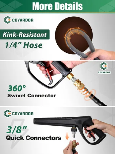 Miniatura 5 de Manguera de Lavadora a Presión de 1/4", 125 Pies, 4500 PSI, Capa Trenzada de Acero y Goma Antideslizante para Agua Caliente/Fría, Repuesto