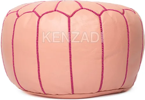Miniatura 2 de Kenzadi Funda para puf otomano de cuero genuino cosida a mano en Marrakech por artesanos marroquíes, reposapiés, sin relleno (rosa claro por rosa)