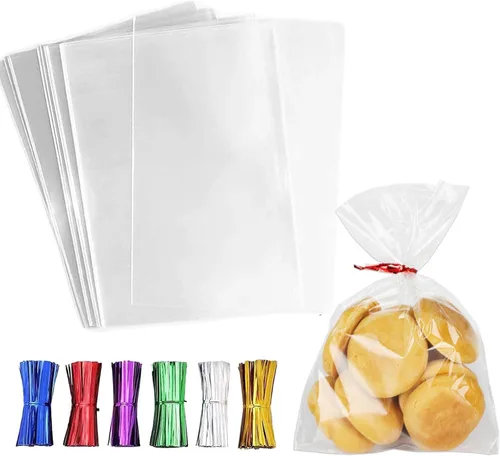 Miniatura 10 de 100 bolsas de celofán de 3 x 11 pulgadas, transparentes, largas, planas, para regalo, bolsas de pretzel transparentes con 6 colores mezclados