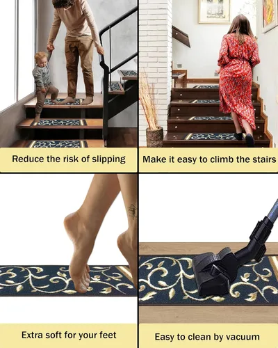 Miniatura 5 de Gloria Peldaños Antideslizantes con Respaldo de Goma de Pelo Bajo, Alfombrillas para Escaleras, (Juego de 7), (8.5" x 26", Azul Marino 1933)