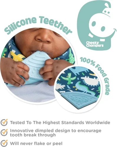 Miniatura 4 de Cheeky Chompers Neckerchew babero de dentición, babero estilo bandana 2 en 1 con mordedor de silicona de grado alimenticio Baby Dino