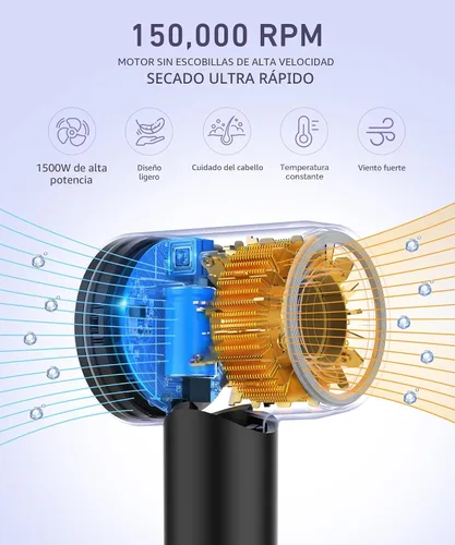 Miniatura 2 de Secador de pelo íonico negativo con motor eléctrico de alta velocidad sin escobillas de 150,000 RPM para secado rápido, silencioso y con control