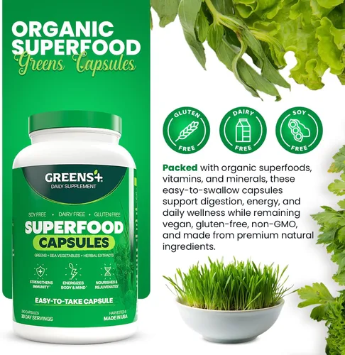 Miniatura 2 de Greens+ Superfood Organic Super Greens Cápsulas vegetales con clorela orgánica, espirulina, alfalfa y pasto de trigo, suplemento mezclado