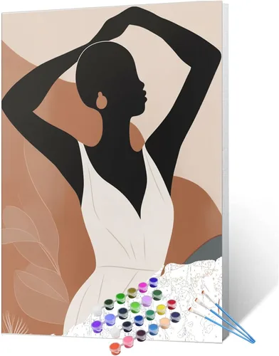 Miniatura 20 de Pintura de niña afro a la moda, kits de pintura por números, 16 x 20 pulgadas, lienzo de hojas tropicales, pintura al óleo para niños y adultos