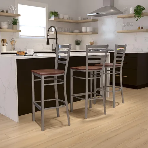 Miniatura 2 de Flash Furniture HERCULES Series - Taburete de bar de metal con revestimiento transparente para restaurante, asiento de madera de cerezo Asiento