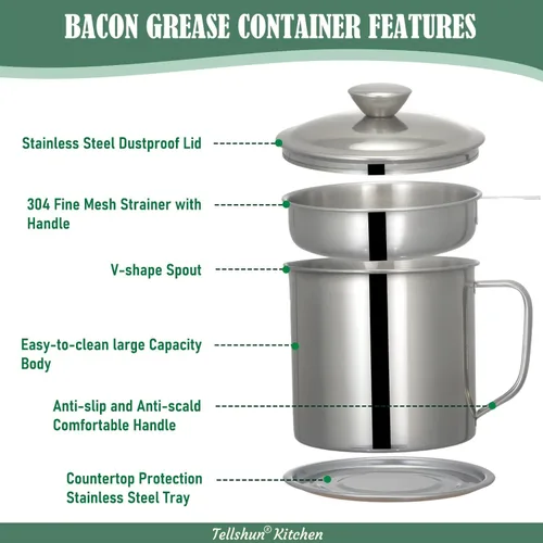 Miniatura 7 de Tellshun Recipiente de grasa de tocino con colador de 1.25 L / 42 oz fuerte atrapador de cocina de acero inoxidable de grado alimenticio con tapa