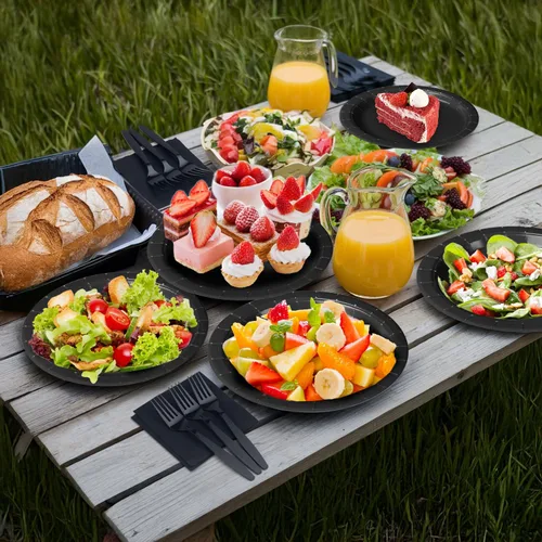 Miniatura 6 de Platos y servilletas de papel negro para fiestas, platos de postre de 50 x 7 pulgadas, servilletas de 50 x 5 pulgadas y tenedores de 50 x 7.08