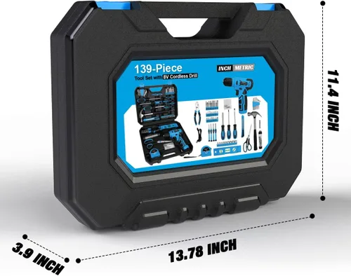 Miniatura 9 de Juego de herramientas de 139 piezas – Kit de herramientas con taladro atornillador inalámbrico de 8V en estuche de almacenamiento de caja de Azul