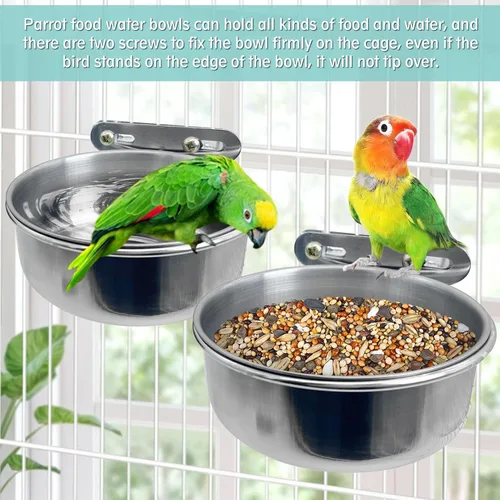 Miniatura 5 de PINVNBY 2 piezas cuencos de acero inoxidable para pájaros, cuencos para agua y alimentos con soporte de abrazadera, comedero de pájaros, tazones
