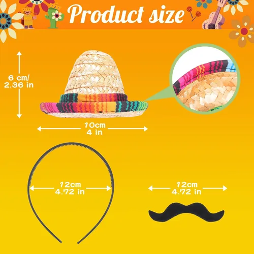 Miniatura 2 de Pasimy Juego de 12 sombreros de fiesta de mini sombrero, bigotes falsos, 6 diademas mexicanas con 6 bigotes para disfraz de Halloween