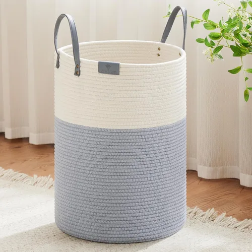 Miniatura 9 de VIPOSCO Cesta alta para ropa sucia, cesta grande para ropa sucia con mango de cuero, cesta de almacenamiento de cuerda tejida para manta, juguete