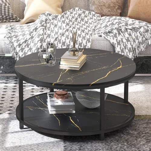 Miniatura 3 de WiberWi Mesa de centro redonda negra para sala de estar de 35.8 pulgadas, mesa circular con parte superior de mármol sintético, patas de metal Negro