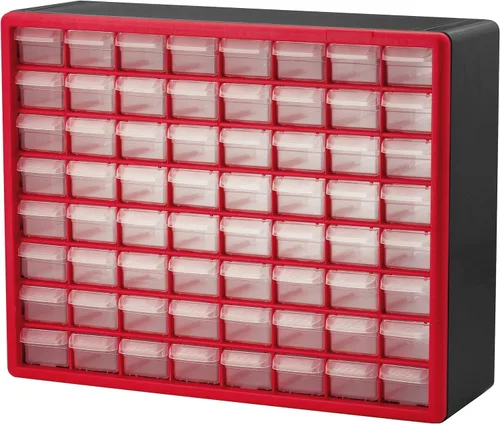 Akro-Mils 10164 - Gabinete de 64 cajones de plástico para almacenar piezas de ferretería y manualidades, 20 x 6 x 16 pulgadas (ancho x profundidad x
