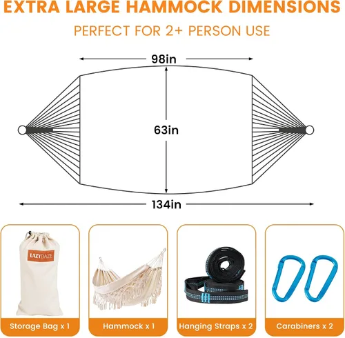Miniatura 5 de Lazy Daze Hammocks Hamaca doble brasileña de algodón, extra grande, portátil, para acampar al aire libre, con correas para árboles y bolsa de viaje