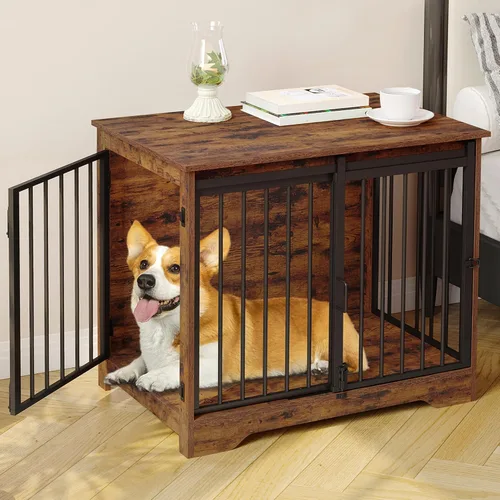 Miniatura 24 de Hzuaneri Mueble de jaula para perros de 31.9 pulgadas con puerta de granero, perrera resistente para interiores con 2 puertas, mesa auxiliar