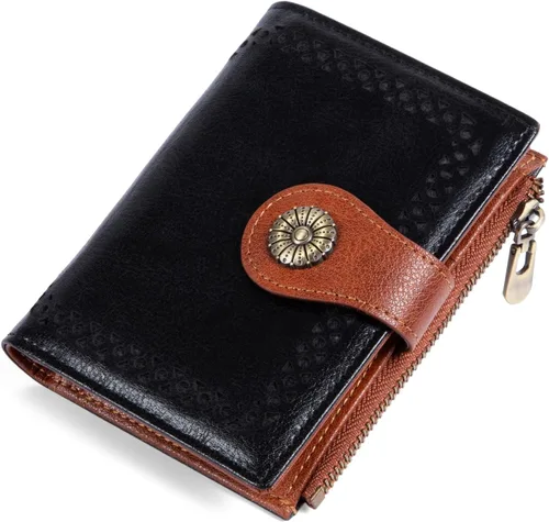Miniatura 14 de Cartera pequeña para mujer, con bloqueo RFID, de piel suave, plegable, compacta, tarjetero para mujer, con bolsillo con cremallera, color negro
