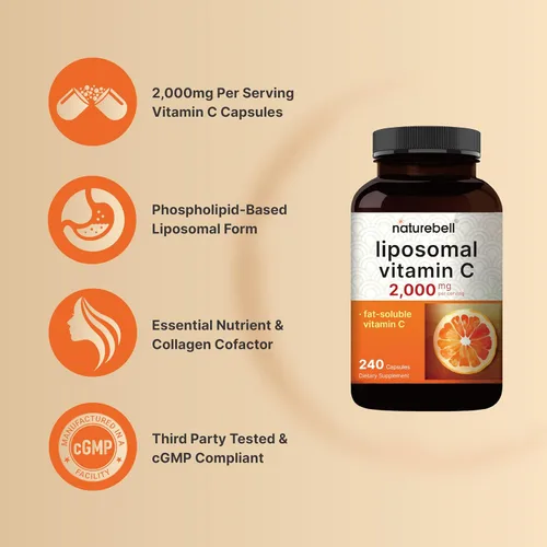 Miniatura 3 de NatureBell Vitamina C liposomal 2,000 mg por porción, 240 cápsulas Vitaminas solubles en grasa de alta absorción – Suplemento antioxidante