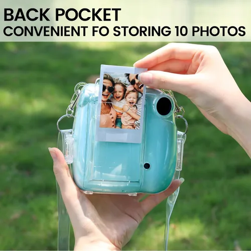 Miniatura 2 de CAIYOULE Funda transparente para cámara Fujifilm Instax Mini 7+ con bolsillo trasero de almacenamiento de fotos, espejo selfie, calcomanías y correa
