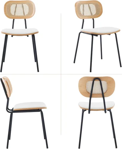 Miniatura 2 de Ya-Home Mid-Century - Juego de 2 sillas de comedor con respaldo de caña de ratán, asiento tapizado de piel sintética, patas de metal negro, sillas