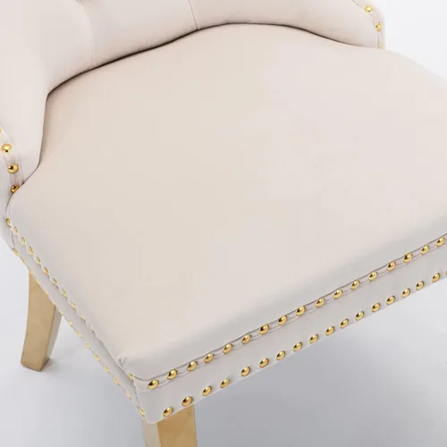 Miniatura 5 de Juego de 2 sillas de comedor de terciopelo, sillas decorativas tapizadas con patas de metal dorado, ribete de cabeza de clavo, tirador de anillo