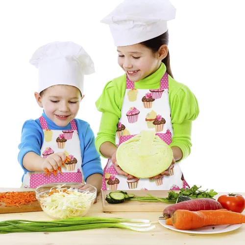 Miniatura 4 de Claswcalor Delantal de cocina para niños y niñas, 100% algodón, lindo delantal para hornear cupcakes, delantal de cocina ajustable, delantal rosa