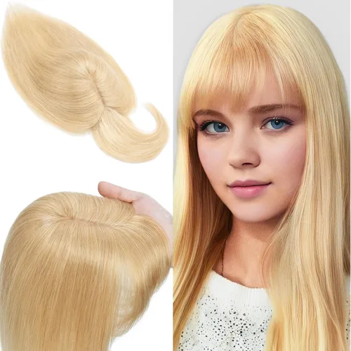 Miniatura 17 de SEGO Toppers de cabello humano 100% real, con flequillo de aire, base de seda 150% de densidad, topper con clip, 2.7 x 5.1 pulgadas, piezas