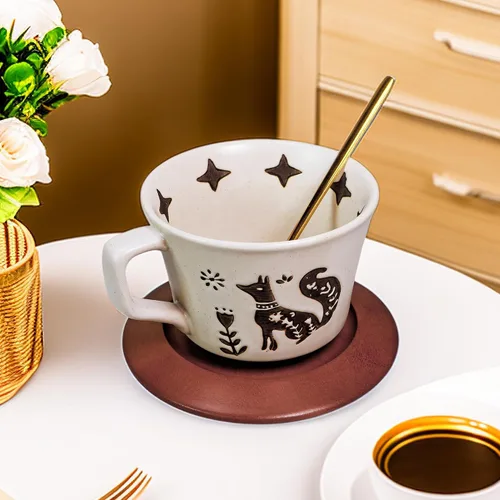 Miniatura 7 de Taza de café de cerámica vintage Taza de té de café de cerámica gruesa con platillo y cuchara de madera, taza de té y platillo de 12 onzas