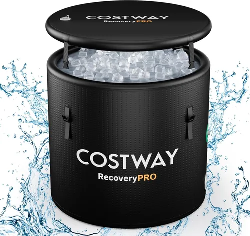 COSTWAY L - Tina de baño de hielo ovalada de 79 galones con tapa, bañera inflable portátil para exteriores con mochila, bomba, para terapia de frío,