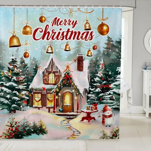 Miniatura 13 de Homewish Cortina de ducha de árbol de Navidad, juego de cortina de ducha de baño con diseño de copo de nieve dorado para niños y adultos, cortina