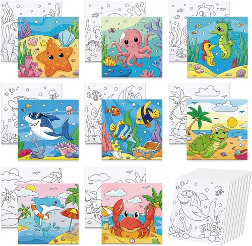 Miniatura 8 de Anseal 8 Paquetes Lienzos Predibujados de Navidad para Pintar, 8" X 8" Lienzo Preimpreso para Niños, Tableros de Pintura con Contorno Preestirado