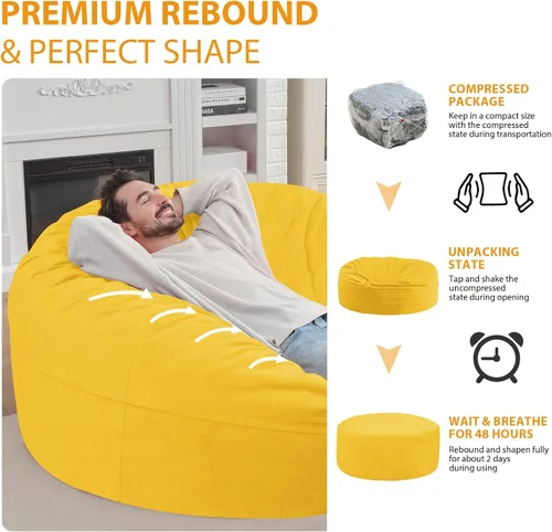 Miniatura 292 de Puf de 5 pies, puf grande con relleno de espuma viscoelástica, sofá puff esponjoso con funda de terciopelo holandés, puf redondo para sala de estar