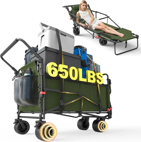 Miniatura 15 de LEVELEVE Vagón Plegable de Servicio Pesado - Carrito Plegable 2 en 1, Capacidad de 400 libras, Ruedas Todo Terreno con Frenos y Bolsillos Laterales