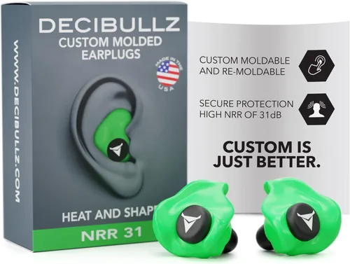 Decibullz - Tapones para oídos moldeables a medida, 31 dB NRR más alto, protección auditiva cómoda para disparar, viajar, trabajar y conciertos Verde